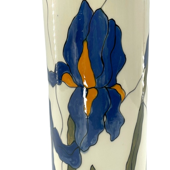 Vintage Japanese Otagiri Slender Off White Slender Vase w/ Blue Iris Motif 12.5" - Picture 4 of 11